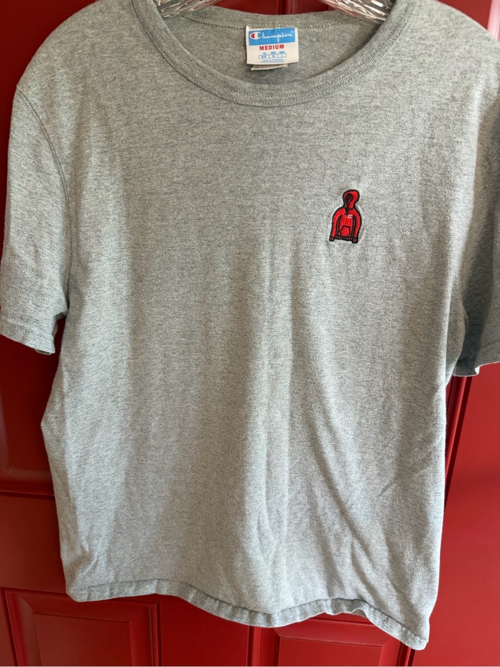Champion Gray Short-Sleeve Tee with Small Red Embroidered Logo